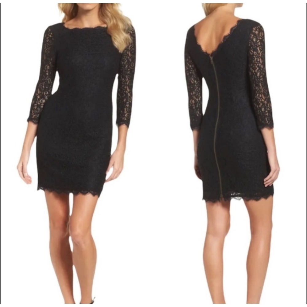 Adrianna Papell black lace mini dress scalloped sheer sleeves‎ cocktail party 10